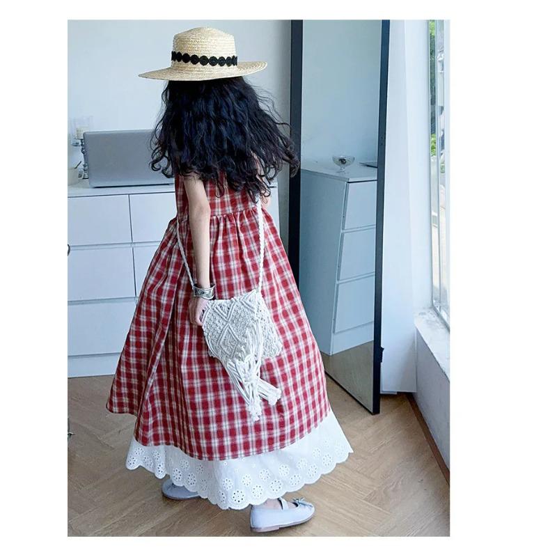 Summer Girls Retro Red Plaid Vest Dress Sets Thin French Style Strappy Sundress Casual Vacation Outfit Teen Kids Clothes