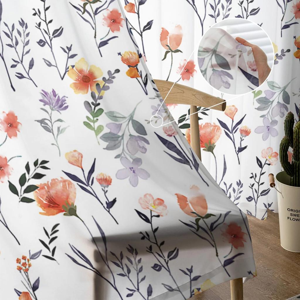 Plant Flower Watercolor Orange Tulle Curtains For Living Room Sheer Curtain For Bedroom Kitchen Blinds Voile Curtains