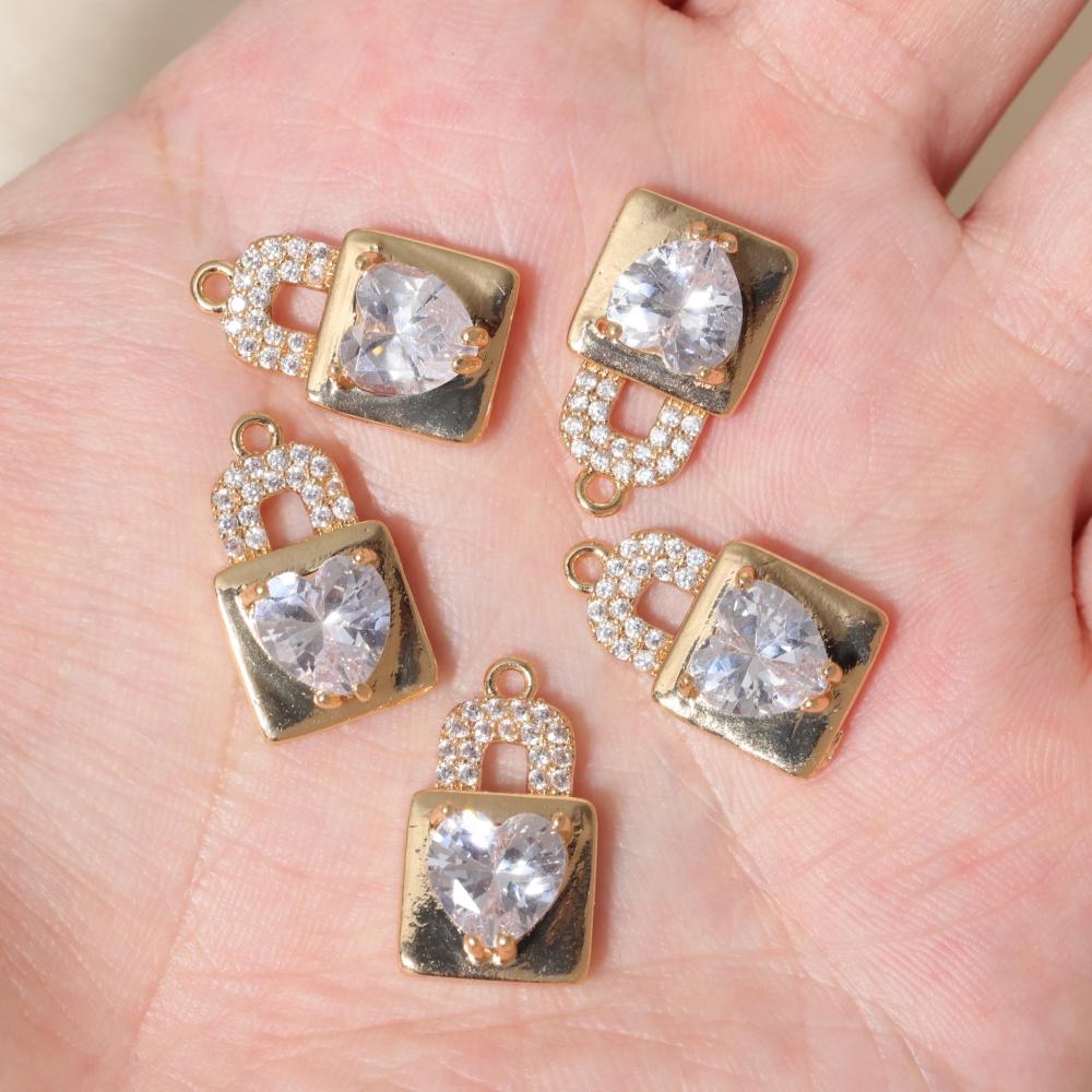 Romantic Heart Lock Pendant Charms, Golden Plated Copper Inlaid Heart Zirconia Findings for Handmade Jewelry Accessories