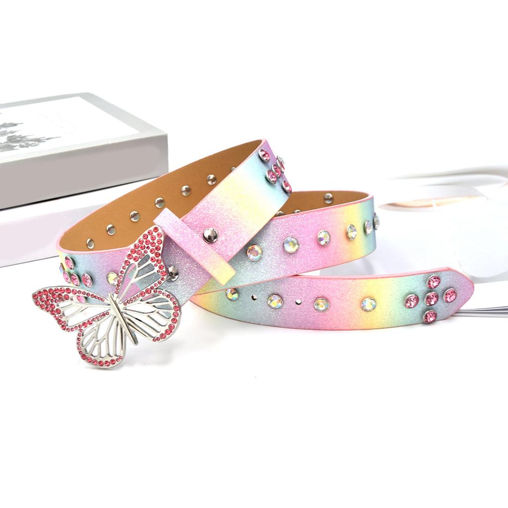 Elegant PU Leather Belt with Sparkling Rhinestones Butterfly Metal Fastener for Women Casual Wear Jeans Pants Waistband