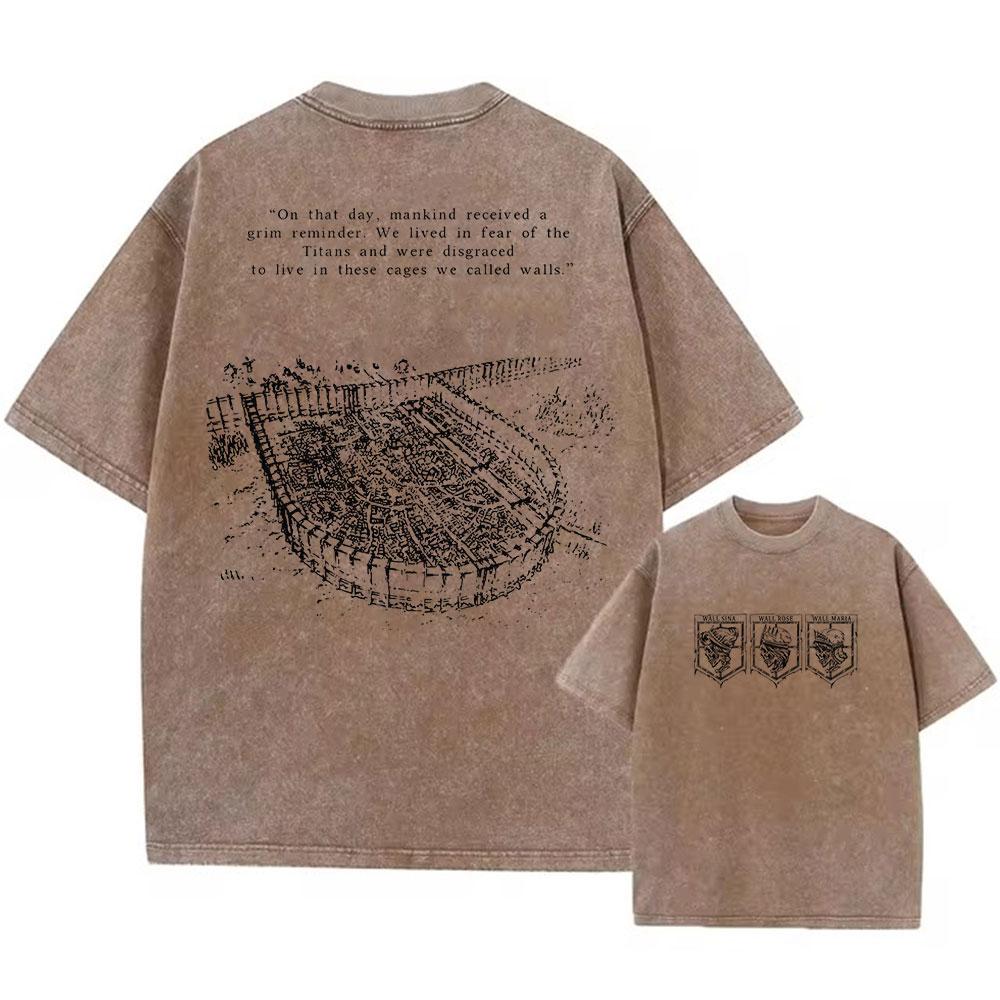 Colored Washed T-shirt Printed Retro Harajuku Top with Anime Attack Titan Graphics Neutral Summer Cotton Loose