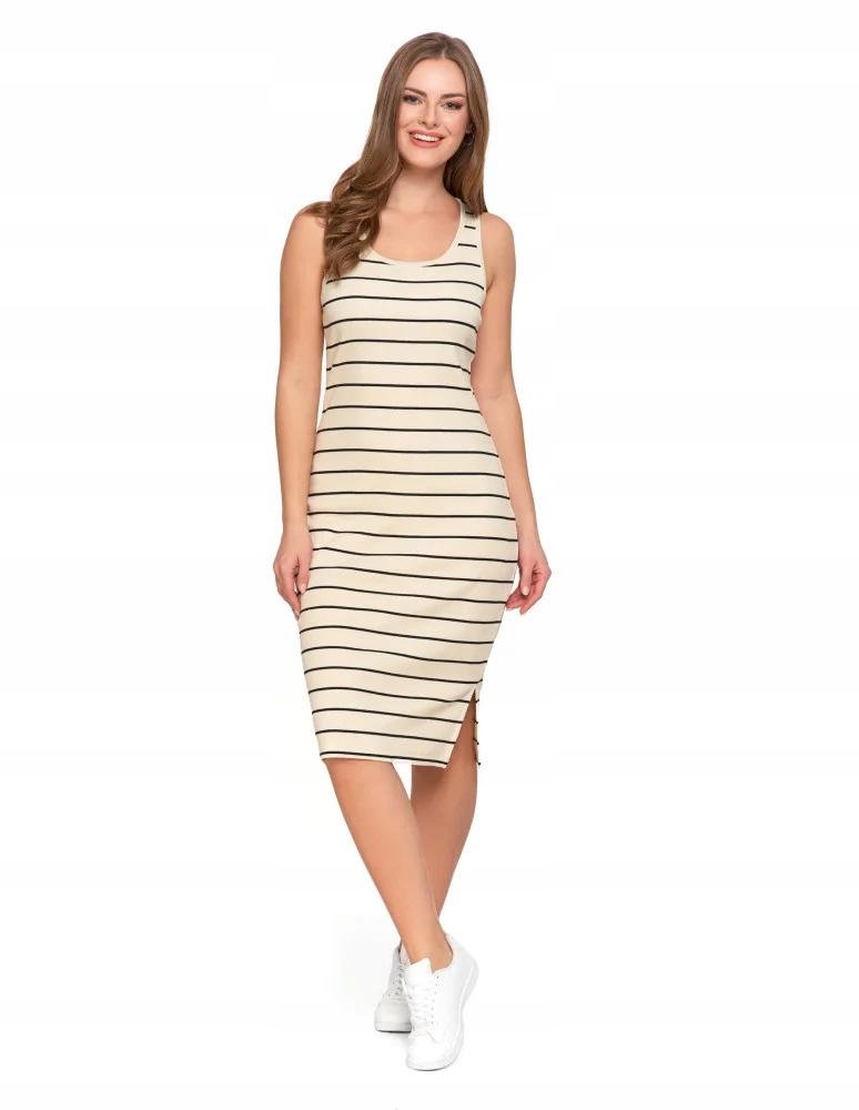 Women's Midi Knitted Dress with Slit, Classic Stripes, MORAJ L OFF WHITE