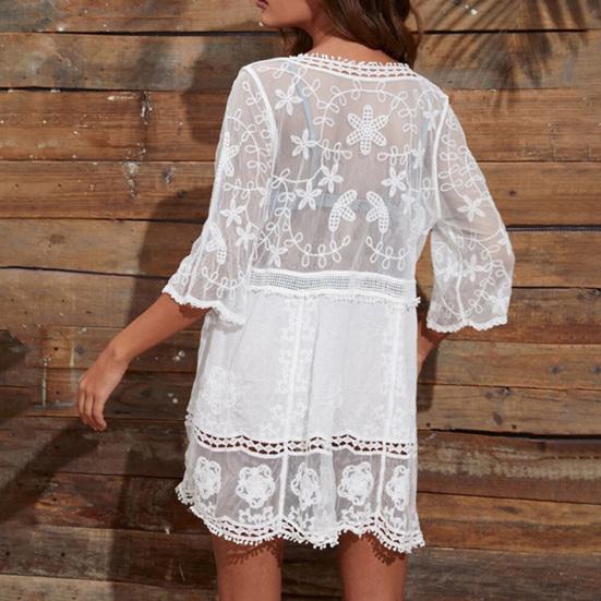 Bikini Cover Up Lace Hollow Out Summer See Through Sun Protection Swimwear Tunic for Beach
