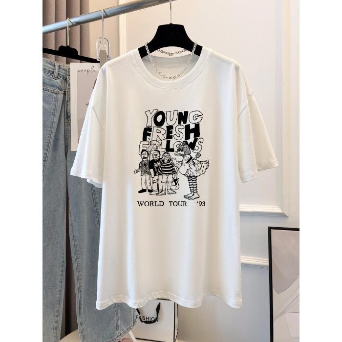 

Dongdaemun 2025 spring new student cartoon pure cotton printing loose and thin black short-sleeved t-shirt women 3XL