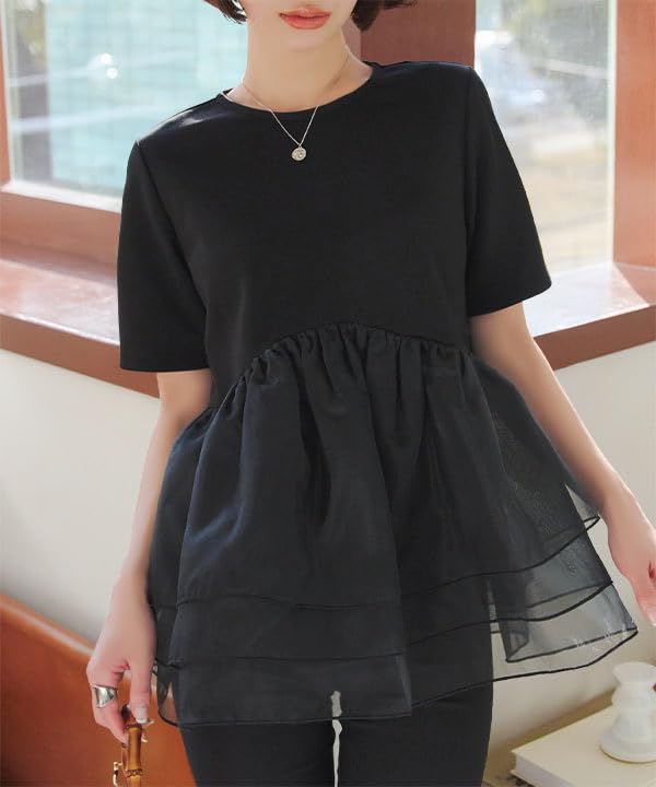 Kobe Lettuce Peplum Organza Ponte Short Clothes Size Black Top, T-Shirt, Sleeve, Women's Spring/Summer [C7399], M,