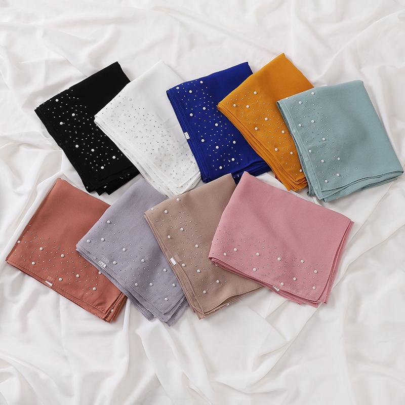 Ramadan Plain Bubble Pearl Chiffon Scarf Big Size Cotton Rayon Muslim Hijab Women Headscarf Wrap Shawls Female Islamic Turban