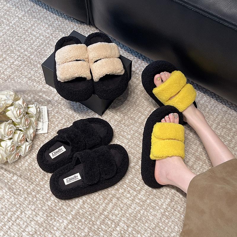 Thick-bottomed fluffy slippers for women's outer wear, one-word velvet to keep warm and increase height, autumn and winter 2025 new mink wool cotton s