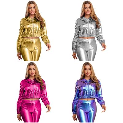 Dames Metallic Glanzend Cropped Jasje Revers Lange Mouw Rits Voorkant Biker Jas