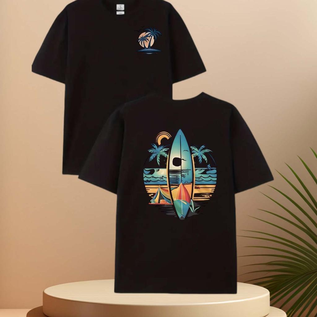 2D trendy high-quality print 2025 summer fashion fitness small fish graffiti black and white pure cotton short-sleeved T-shirt