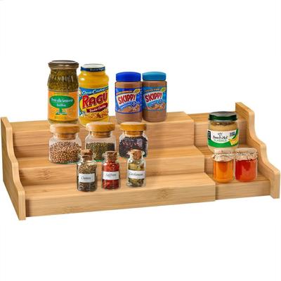 Expandable Bamboo Spice Rack Organizer,  3 Tier Wooden Spice Shelf with 3 Levels Storage for Kitchen Cabinet, Countertop, Pantry Shelf