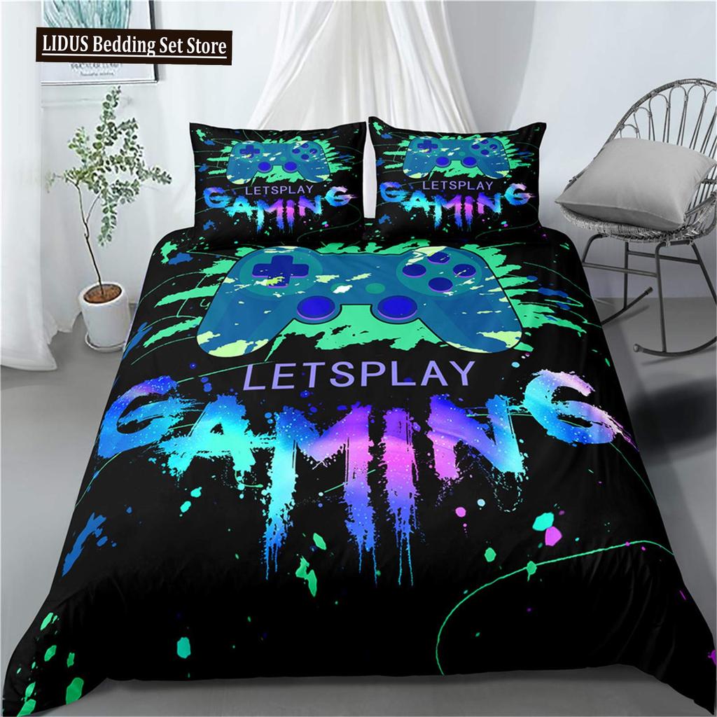 Gamer Duvet Cover Set Rotating Music Comforter Cover Gamepad Gaming Bedding Set For Boys Headphone Bedspreads Cover Queen Size