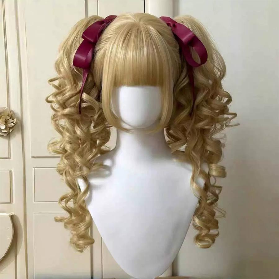 Roman Curly Synthetic Lolita Curly Hair With Bangs Golden Anime Wig Oberl Woman Party Cosplay Wig