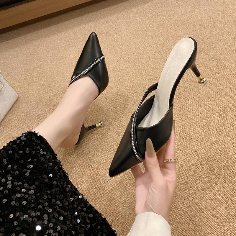 Large Size Thin Heel Cool Slippers Pointed Rhinestone Bag Head Women's Slippers Spring and Autumn Wear High-end Women's Cool Slippers