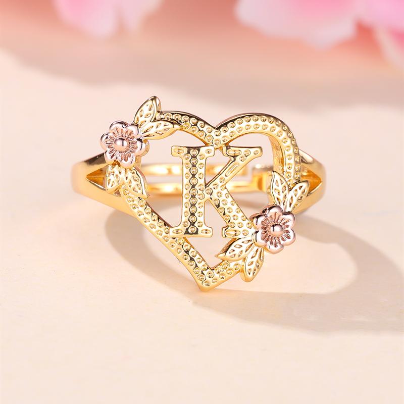 

Кольца с инициалами и цветком в форме сердца, регулируемые нежные кольца с буквами и листьями золотого цвета для женщин и девочек, ювелирные изделия с алфавитом K золотой