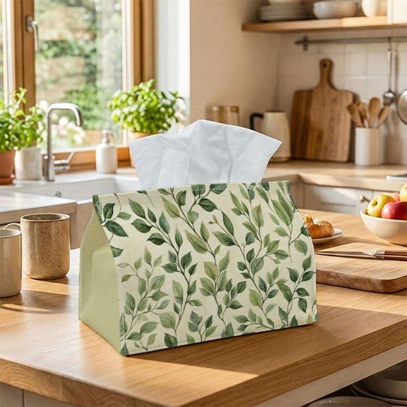 2D Flat, Single-piece Tissue Holder with a Scandinavian Minimalist Botanical Design Featuring Green Leaf Patterns in a Natural Style. Sturdy Decorativ