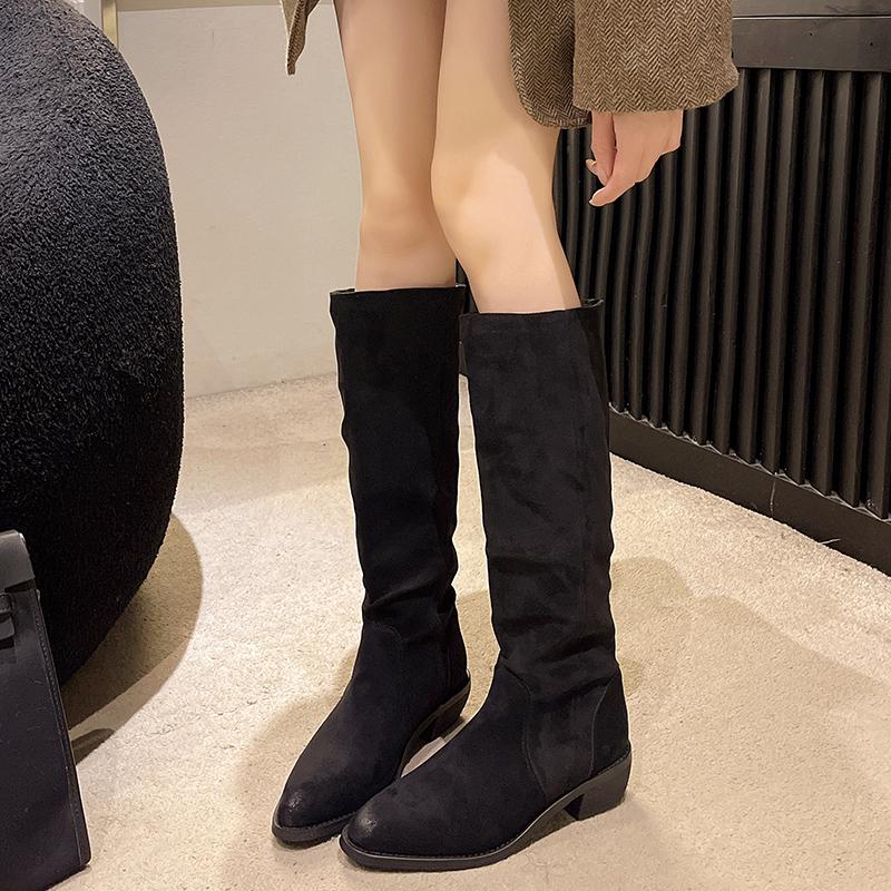 Fashion Winter Vintage Pleated Women Mordern High Boots Designer Slip On Pointed Toe Internal Elevation Shoes Botas De Mujer