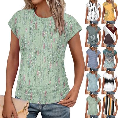 Damska Moda Casual Slim Wiązany w Pasie Rękaw Zakryty Okrągły Dekolt Vintage Nadrukowany T-Shirt Top