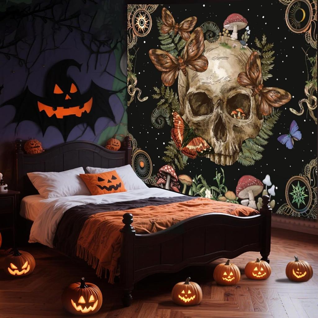 Halloween Gothic Bedroom Tapestry Retro Gothic Skull Flower Butterfly Printed Wall Tapestry Living Room Game Room Dormitory Deco