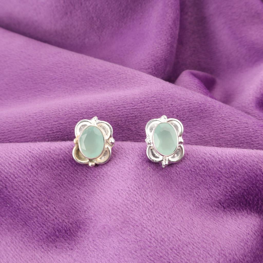 Oval Natural Aqua Chalcedony 925 Silver Stud Post Friend Gift Earrings Jewelry EE-149-5
