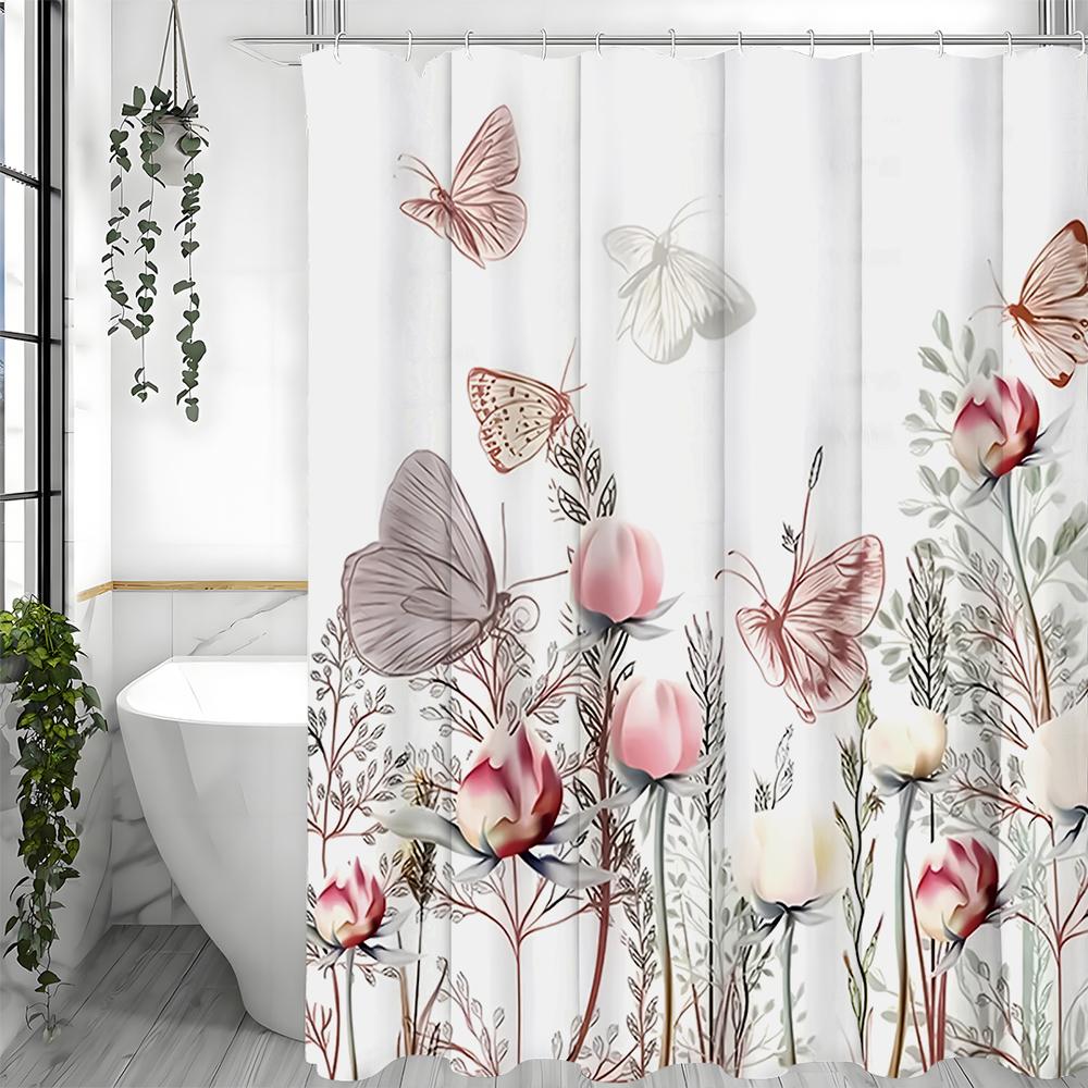 Spring Flower Butterfly Shower Curtain, Bathroom Decorative Shower Curtain, Waterproof Shower Curtain with Hooks