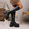 Black Round Head Chunky High Heel Women Knee High Boots Fashion Platform Back Zipper Leather Female Shoes Long Botas Feminina