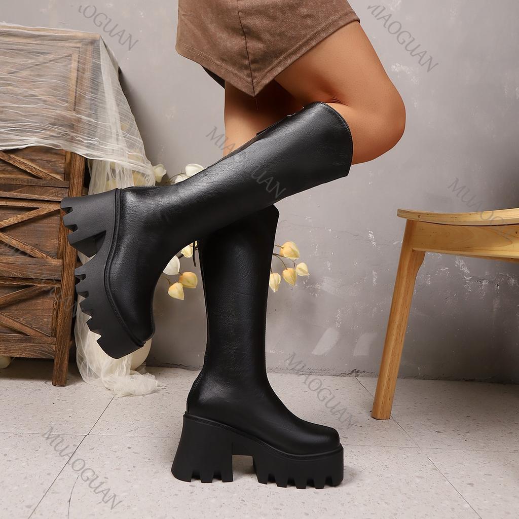 Black Round Head Chunky High Heel Women Knee High Boots Fashion Platform Back Zipper Leather Female Shoes Long Botas Feminina