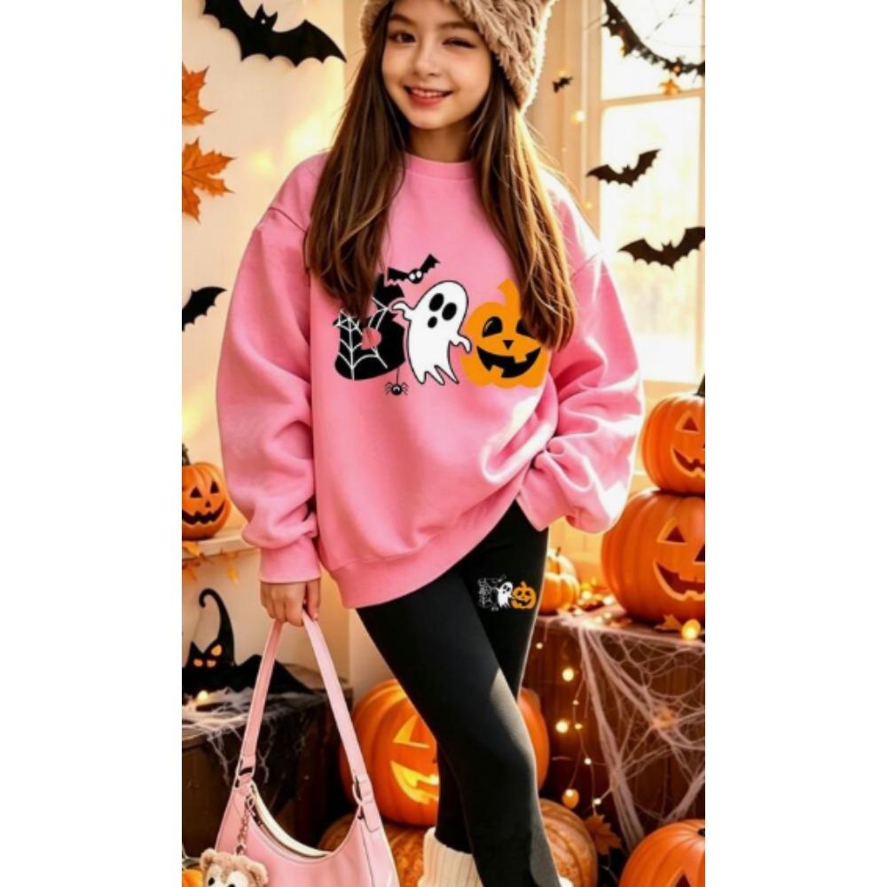 Girls' Halloween Casual Comfortable Soft Loose Pullover Sweatshirt and Leggings 2-Piece Set, New Autumn/Winter, Playful, Sweet and Cool Style