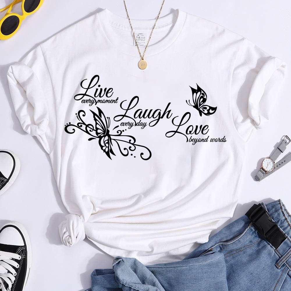 Butterfly Live Laugh Love Print Summer Casual T-shirts For Women Creative O Neck Short-sleeved T-shirts Fashion Ladies T-shirt