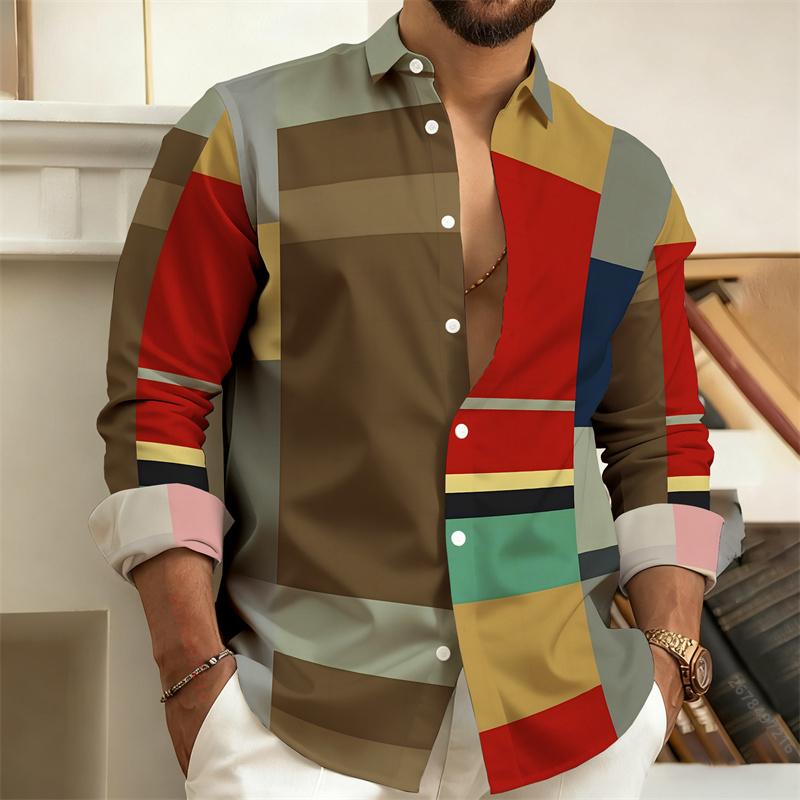 Nuova camicia da uomo a blocchi di colore patchwork a maniche lunghe, camicia casual da lavoro a righe geometriche, top da uomo slim-fit, taglie S-6XL.