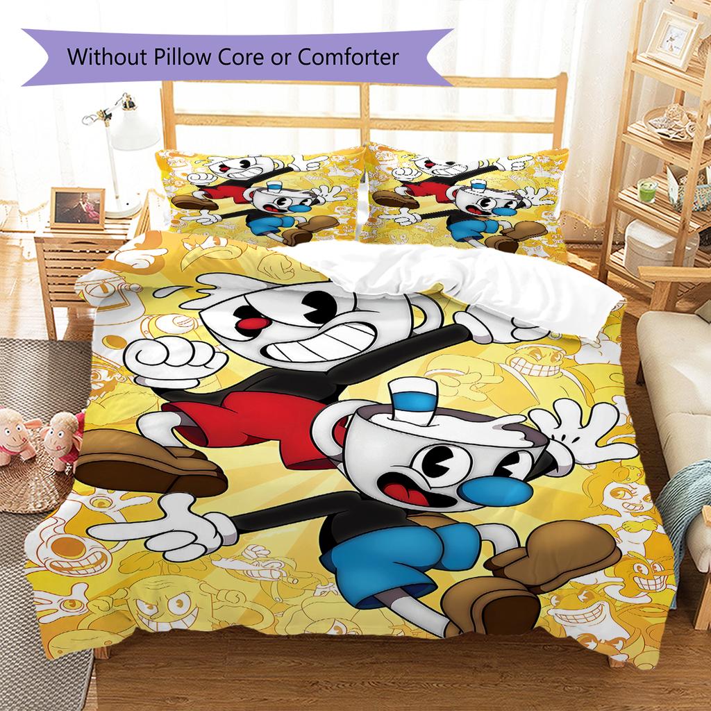 Cuphead Cute Cartoon Pattern Bedding,Quilt Set Quilt Cover Pillowcase Home Birthday Gift (1 * Duvet Cover + 2 * Pillowcase, Without Core)
