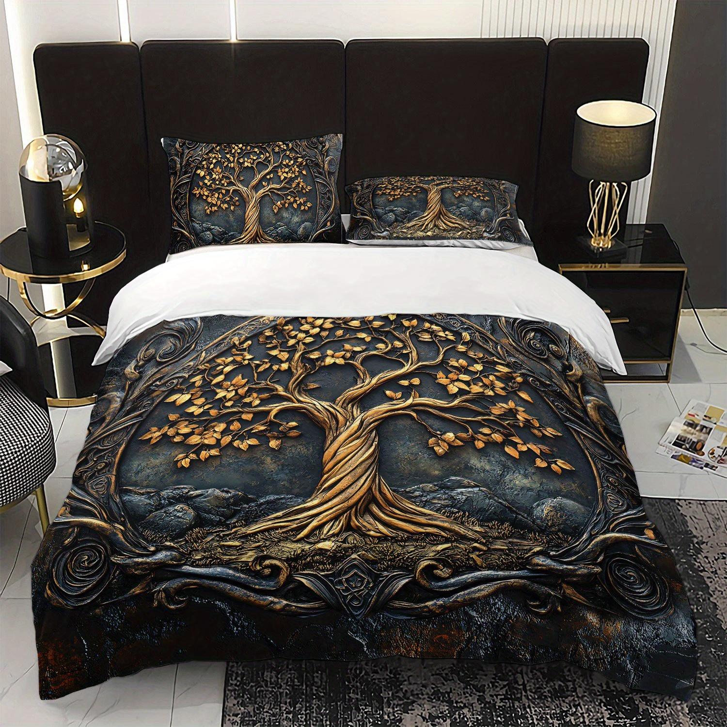 3pcs Luxury Golden Tree of Life Bedding Duvet Cover Set Bohemian Tree of Life Bedding Quilt Set Elegant Tree of Life Themed Bed Duvet Cover Set&EU Single(135x200cm)