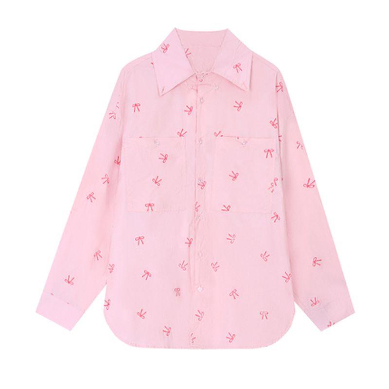 

Kumikumi Sweet Pink Bows Print Long Sleeves Shirt Women s Early Autumn Loose Easiest for Match Single-Breasted Shirt Shirt One size