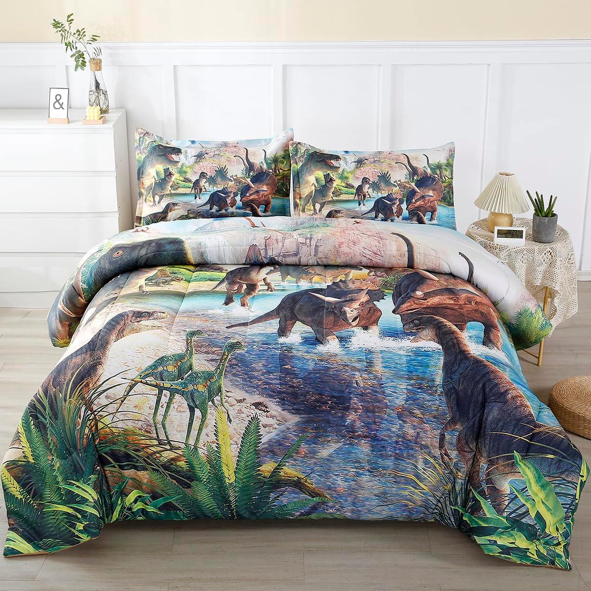 

Dinosaur Bedding Set Full Comforter Set - Super Soft & Fun Jurassic Dino Pattern Bedding Comforter Set All Seasons for Boys Teen EU Twin(135x200cm)