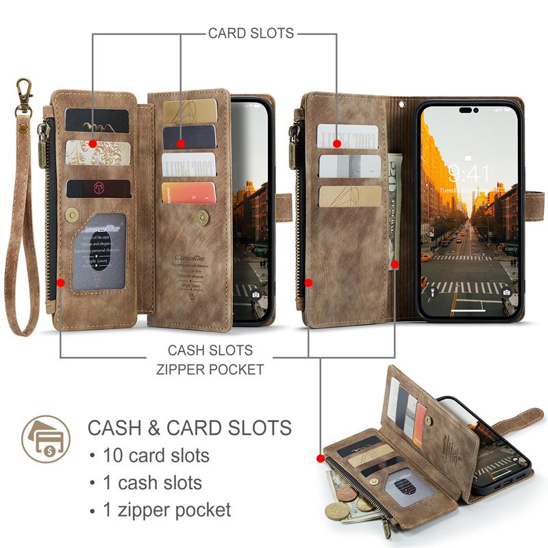 CaseMe Flip Leather Phone Case For iPhone 17 Pro Max 16 Plus 15 14 13 12 11 XS XR X Samsung S26 S25 FE S24 Ultra S23 S22 S21 Zipper Wallet Cards Cover