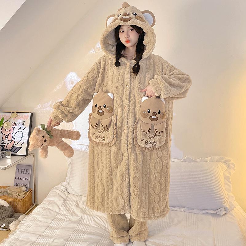 Women's Winter Plus Velvet Coral Fleece Nightgown - Cute Thick Flannel Home Wear