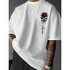 Men's Casual Rose Print T-Shirt - 95% Cotton, Loose Fit, Round Neck, Short Sleeve, Machine Washable, Summer Outdoor Top, Street Style, Plus Size,