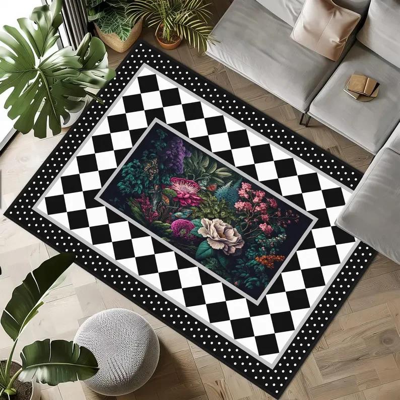 Kwiatowy Szachownicowy Dywan Domowy Żywe Kwiaty Czarno-Biały Biegacz Dekoracja Salonu Sypialni Dywan