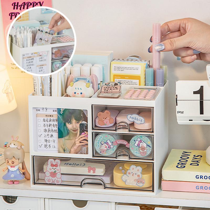 Desktop Storage Box Organizer Desk Pen Holder Transparent Stationery Drawer Storage Rack Multi-functional Student Organizing Box