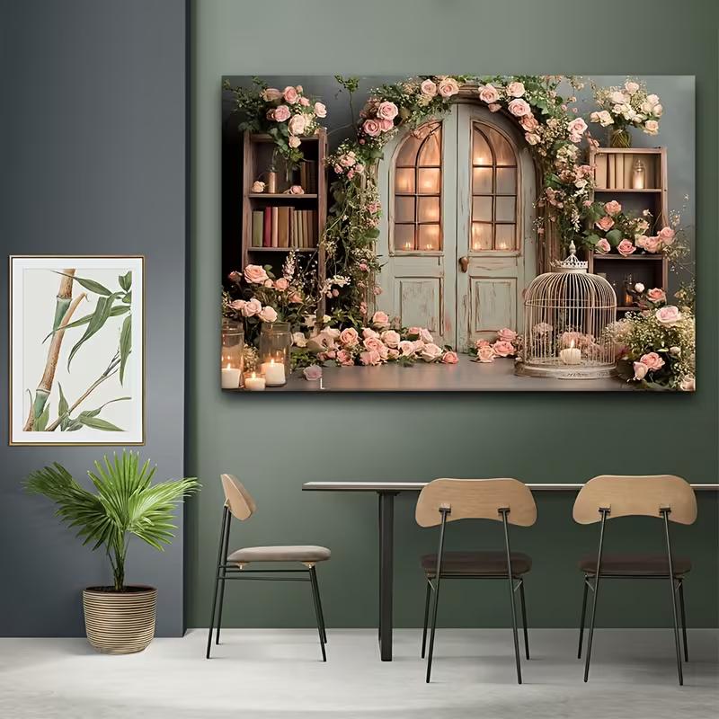 2D Vintage Door Floral Tapestry, Pink Rose Arch Backdrop for Wedding, Bridal Shower, Engagement & Photoshoot