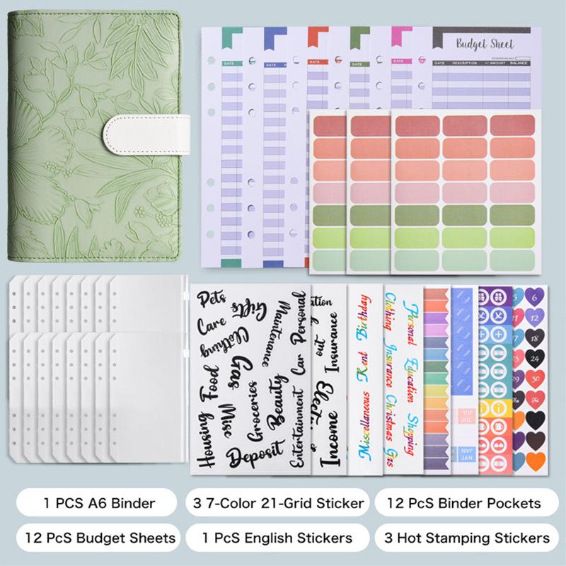 Embossed Macaron A6 Binder Journal, Leather Cover Refillable Notebook Cash Budget Planner