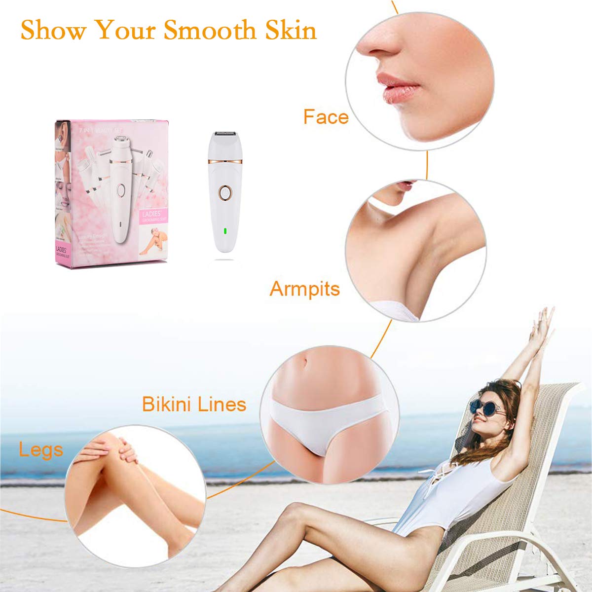Электробритва для женщин, набор для безболезненного бритья для женщин 7 в 1, перезаряжаемый беспроводной эпилятор для лица, триммер для бикини, для лица, бровей, носа, подмышек,