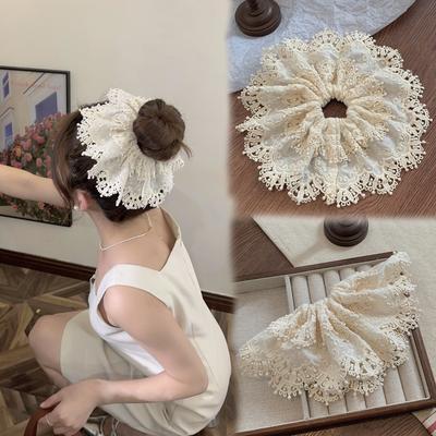 Lace, Lace, Fabric, Hair Rope, Leather Band, Oversized 23cm, Sturdy Beige Hair Loop, Versatile for Daily Use