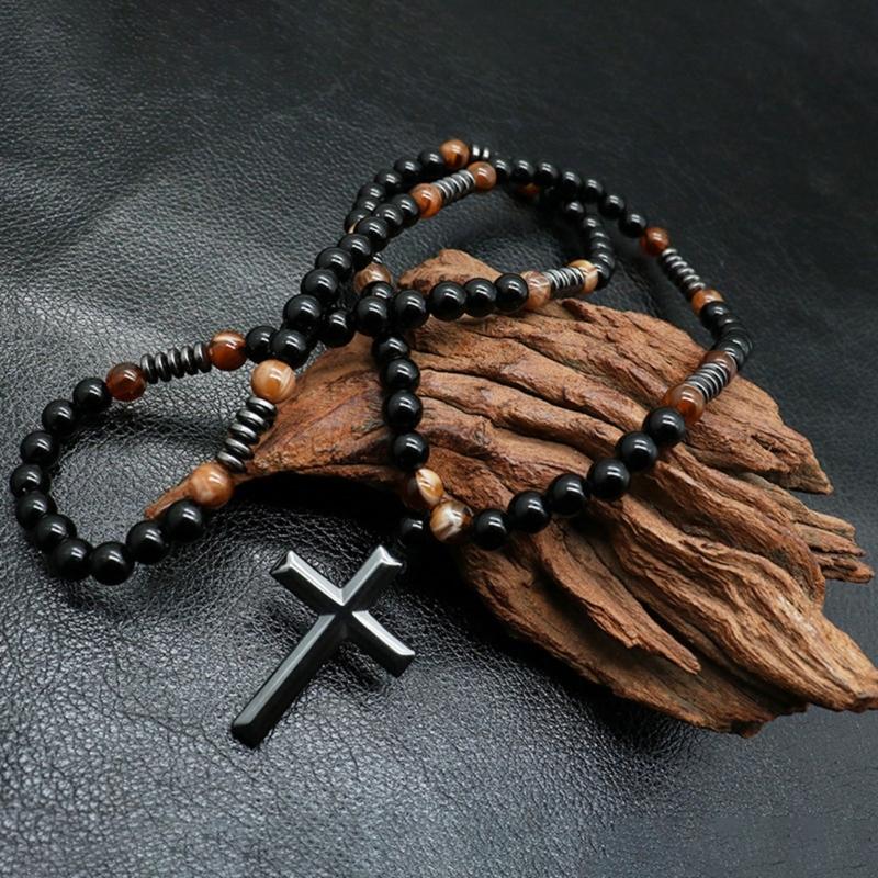 Handcrafted Crosses Pendant Jewelry Brown Tigers Eye Stones Unisex Daily Wear Mens Jewelry with Silver Spacers