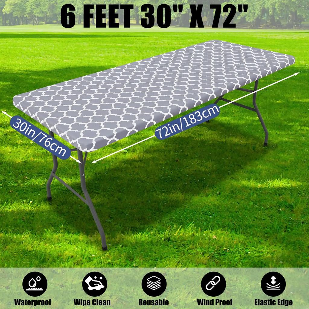 Waterproof Table Cover Rectangle | Elastic Fitted Tablecloths 6 Foot | Outdoor Table Cloth Polyester