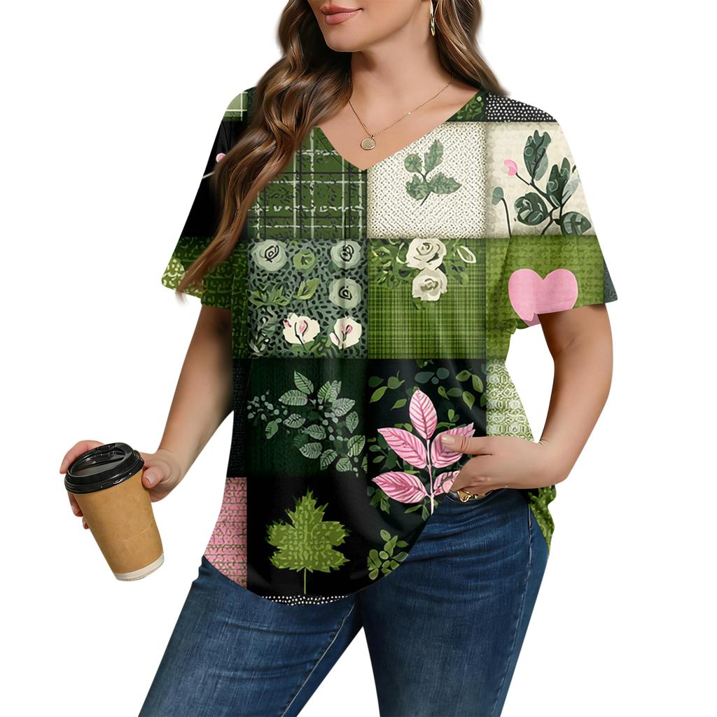 Women's Plus Size Fashionable Casual Loose-Fit Short Sleeve Elegant V Neck Blouse For Work