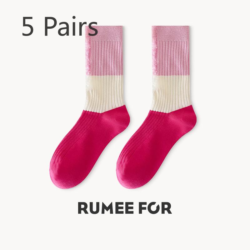 5 Pairs of Female Spring and Summer Personality Match Color Trend In The Tube Stack Socks