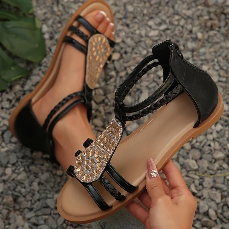 Fashion Ankle Strap Braided Roman Sandals for Women 2025 Summer Shiny Crystal Flat Sandals Woman Comfortable Soft Non Slip Beach Shoes