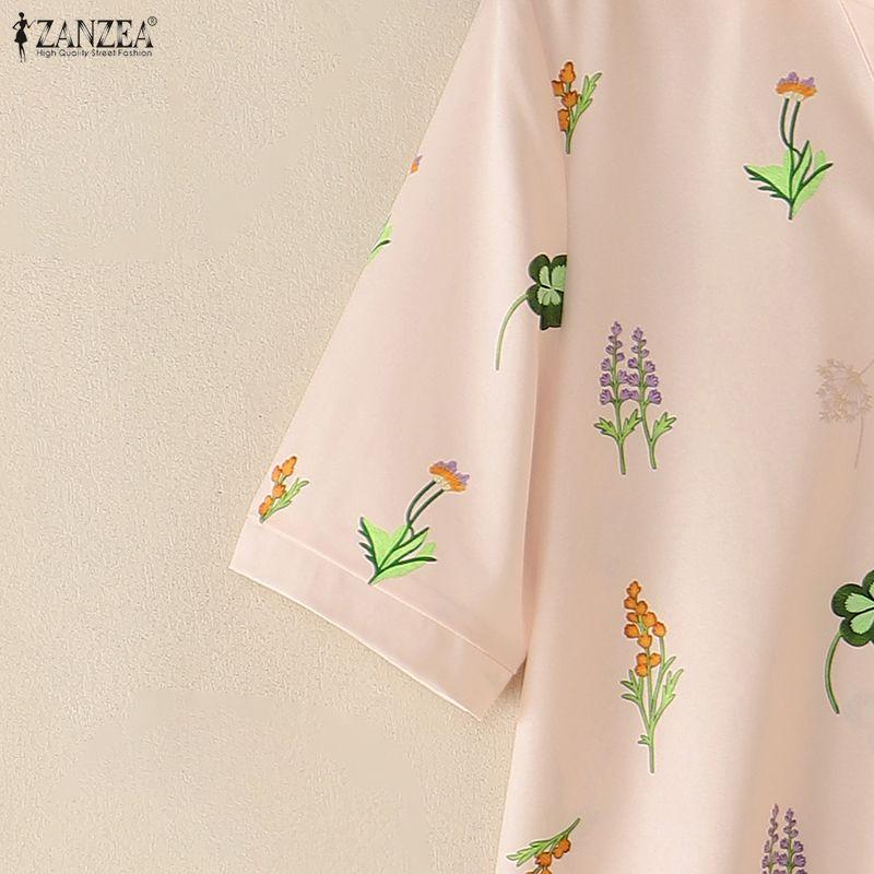 ZANZEA Women Casual Turn Down Collar Loose Half Sleeve Floral Print Blouse