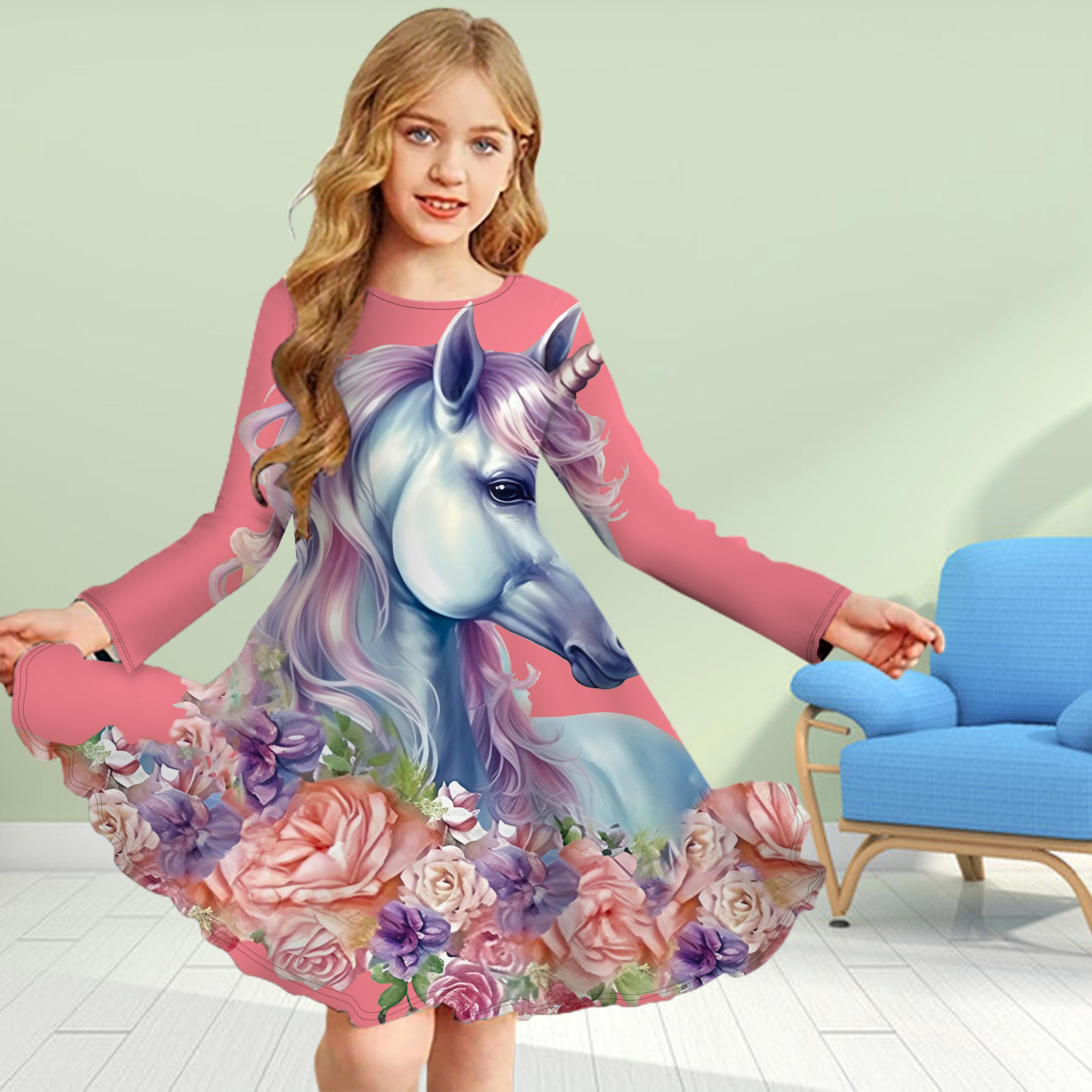 

Повседневное платье для девочек с 3D-принтом «Розовый единорог» с круглым вырезом и длинными рукавами, детское платье принцессы 140 розовый