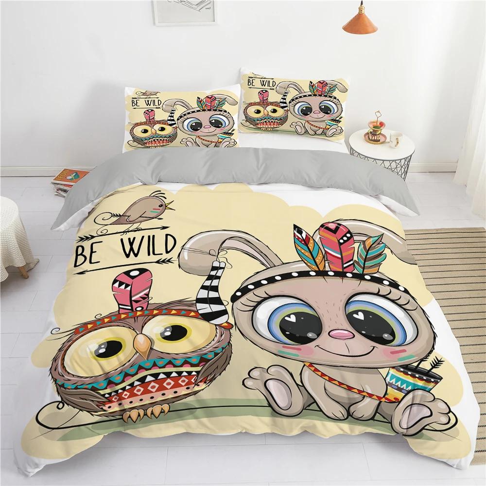 Cartoon Owl Duvet Cover Cute Night Animal For Kids Boys Girls Gifts Owl And Koala Tribal Feather Style Green Bedroom Decorations
